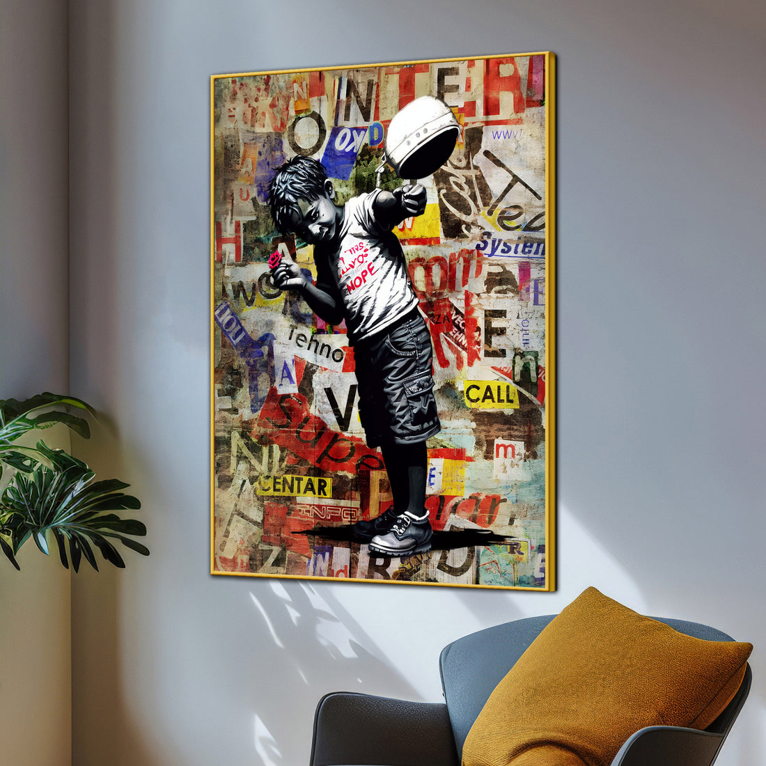 Boy Holding A Vibrant Red Rose Graffiti Cotton Canvas Wall Painting