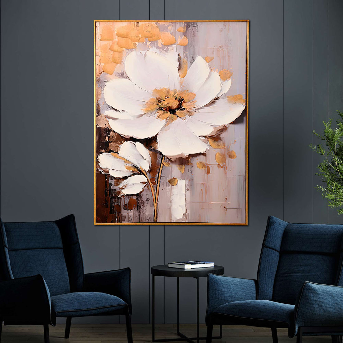 Golden Bloom Hand Painted Wall Painting with Floating Frame