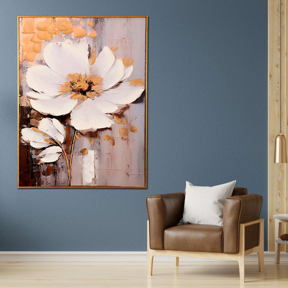 Golden Bloom Hand Painted Wall Painting with Floating Frame