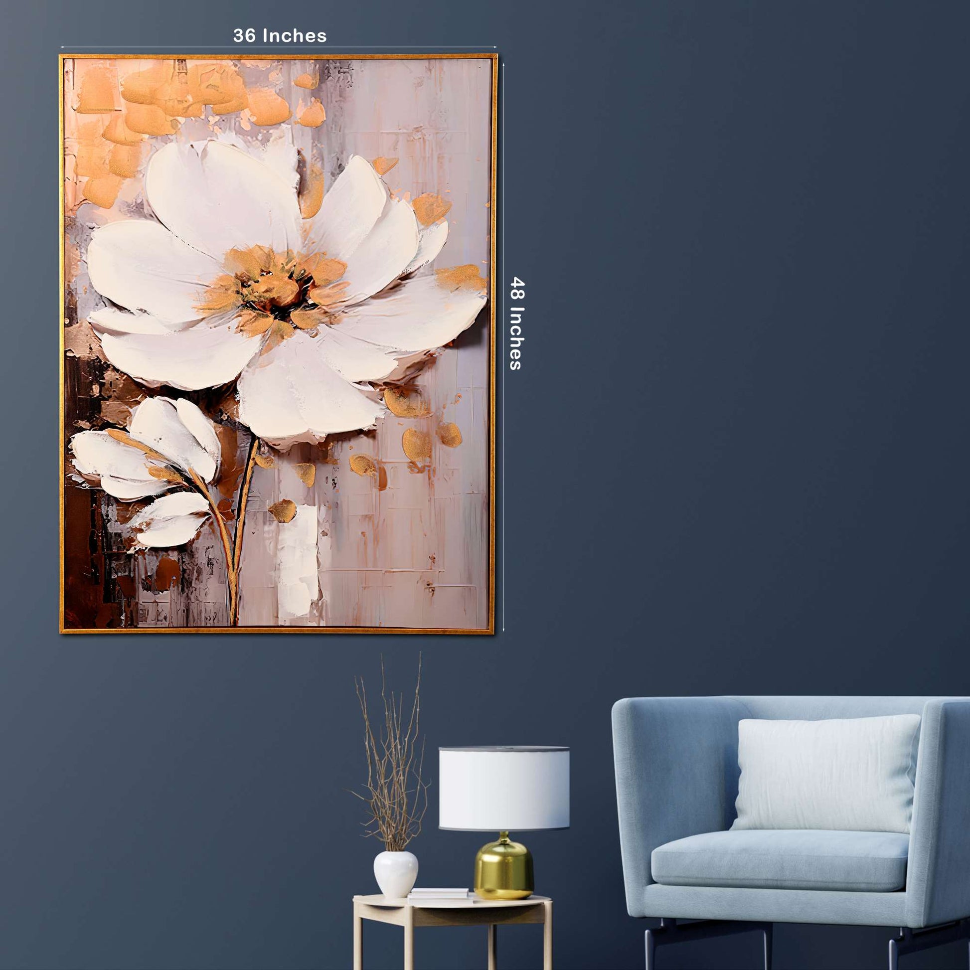 Golden Bloom Hand Painted Wall Painting with Floating Frame