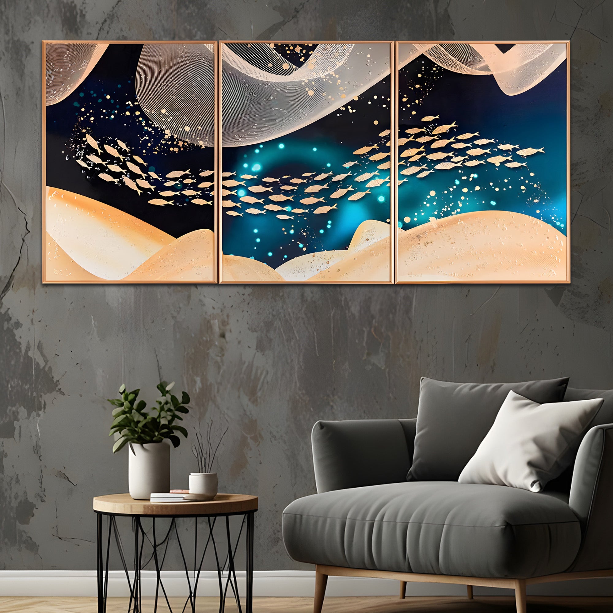 Golden Fishes Framed Crystal Glass Painting Set of 3
