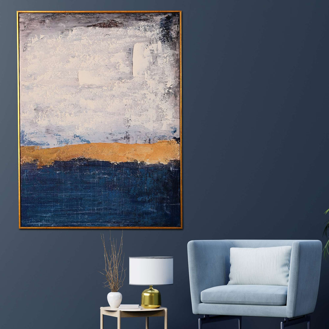 Golden Horizon Abstract Hand Painted Wall Painting with Floating Frame