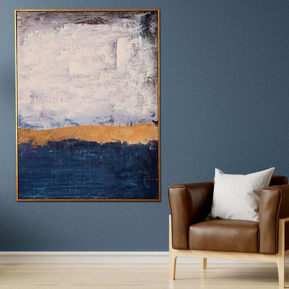 Golden Horizon Abstract Hand Painted Wall Painting with Floating Frame