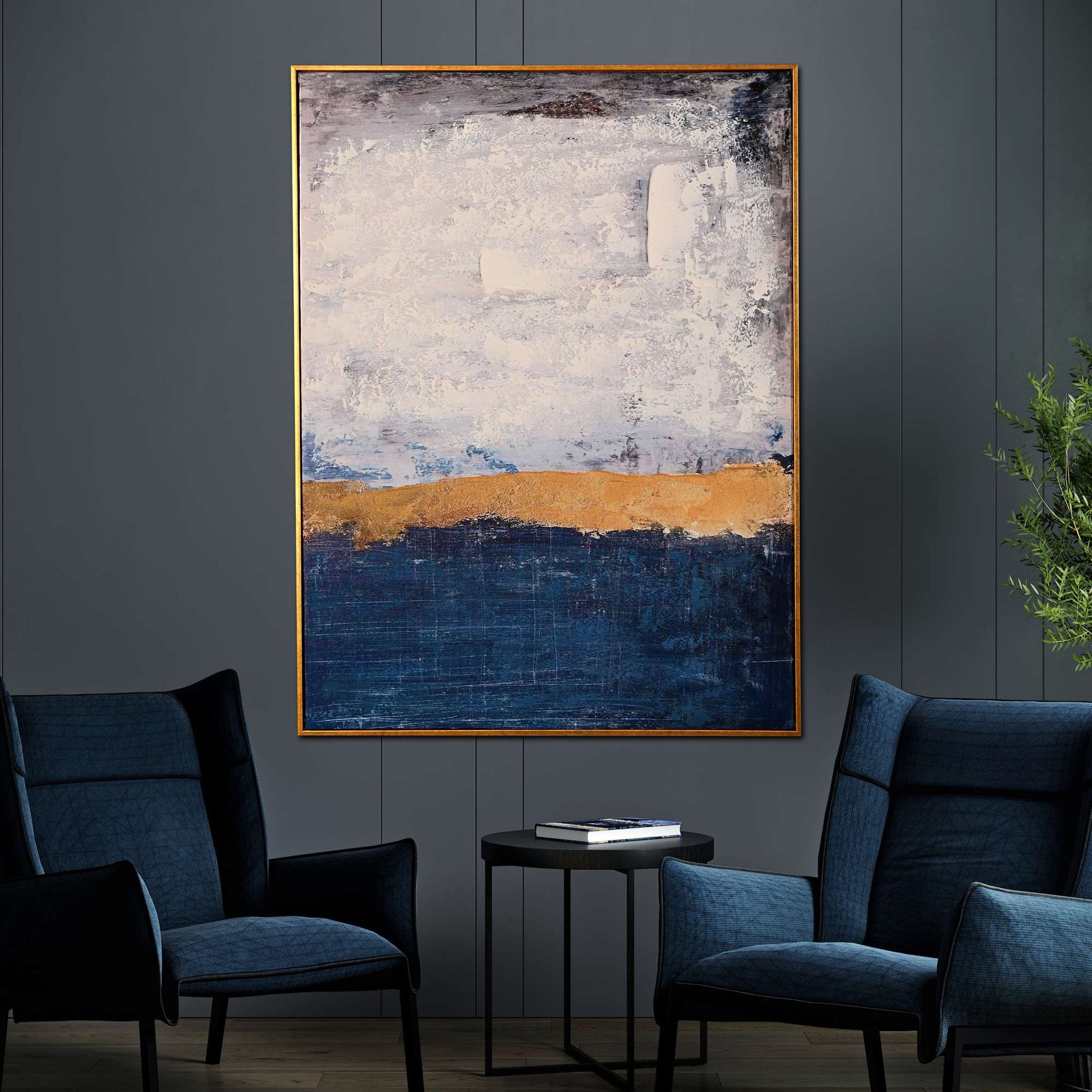 Golden Horizon Abstract Hand Painted Wall Painting with Floating Frame