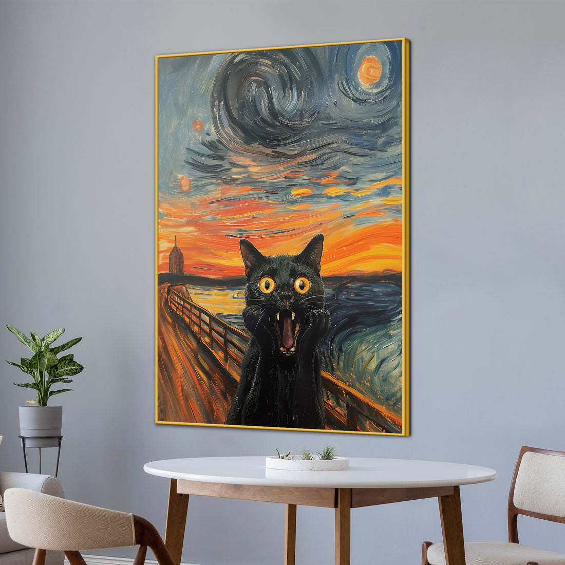 Munch The Scream Cat Van Gogh Vibes Cotton Canvas Wall Painting