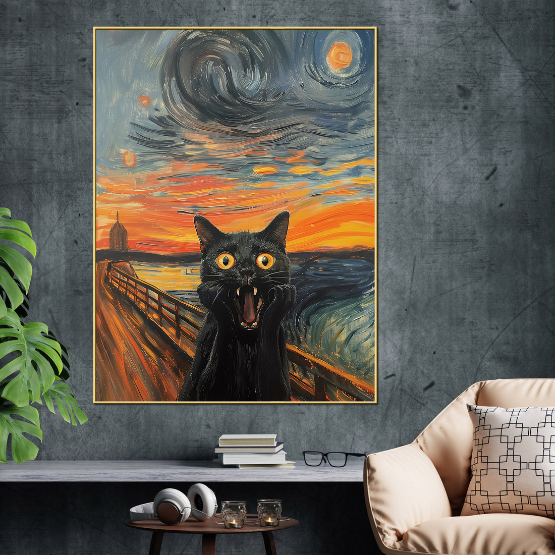 Munch The Scream Cat Van Gogh Vibes Cotton Canvas Wall Painting