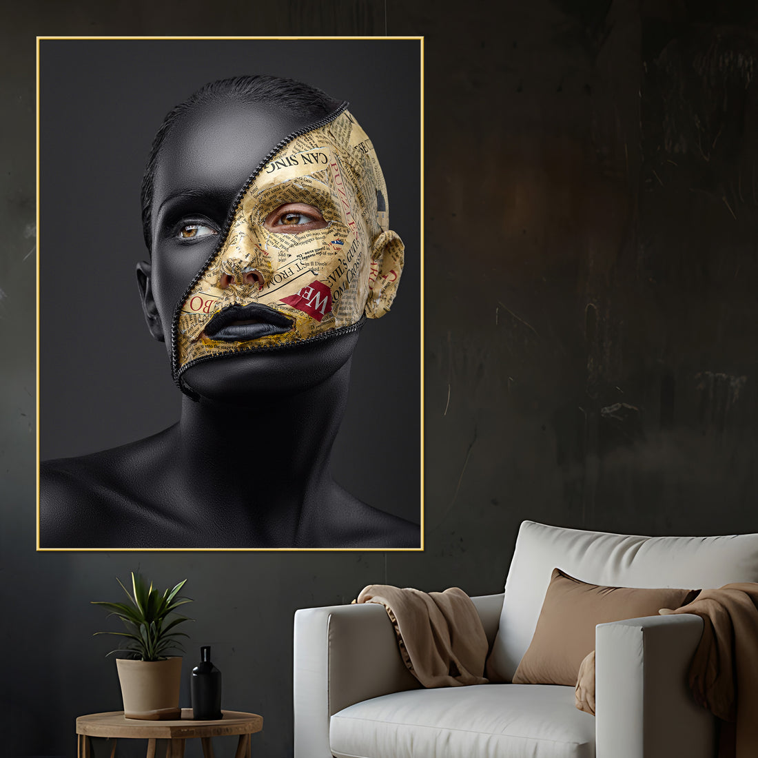 Mystique Face with Golden Newspaper Cotton Canvas Wall Painting
