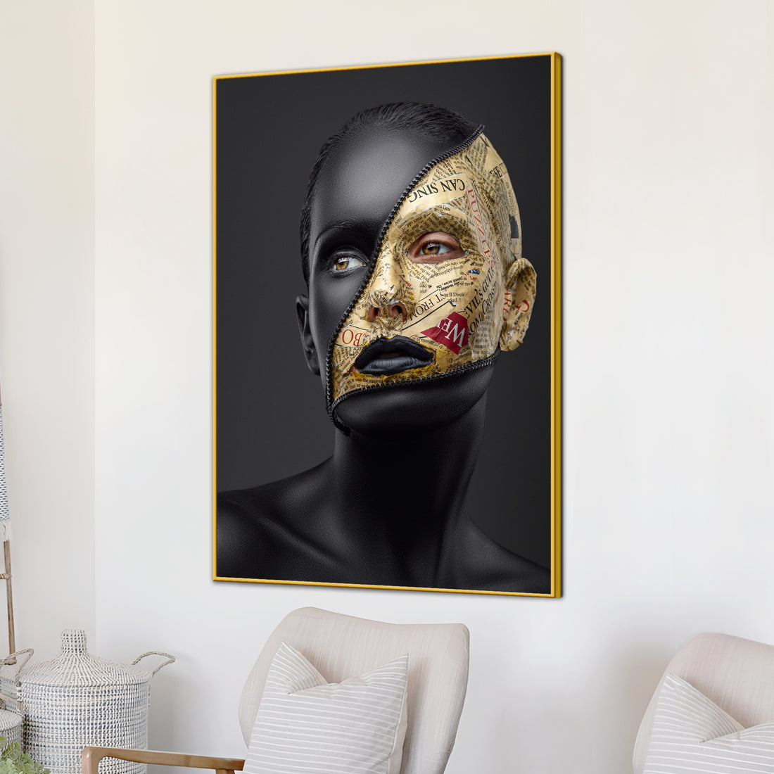 Mystique Face with Golden Newspaper Cotton Canvas Wall Painting
