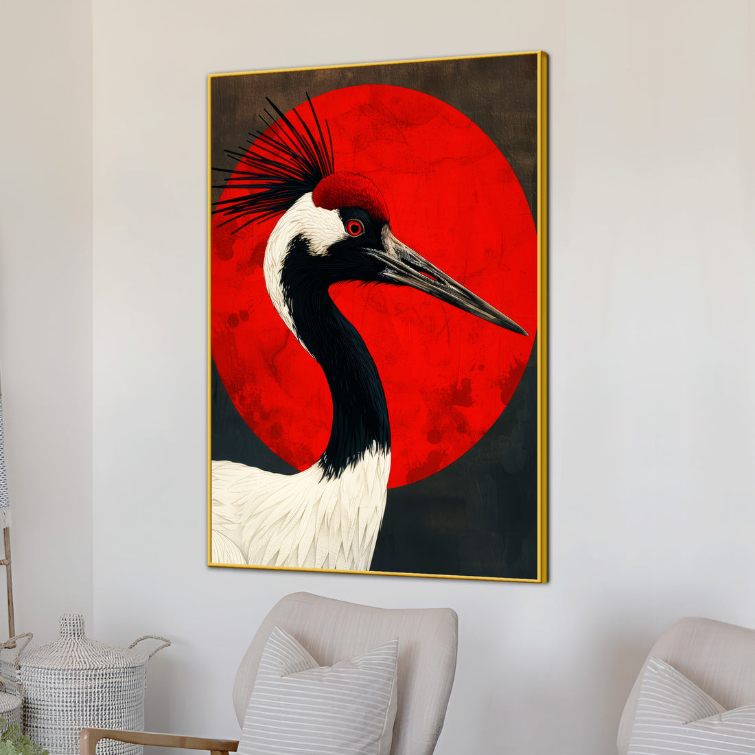 Red Crowned Crane with Rising Sun Cotton Canvas Wall Painting