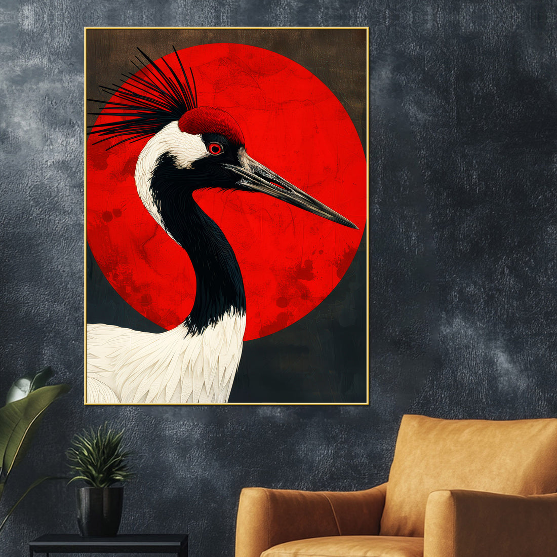 Red Crowned Crane with Rising Sun Cotton Canvas Wall Painting