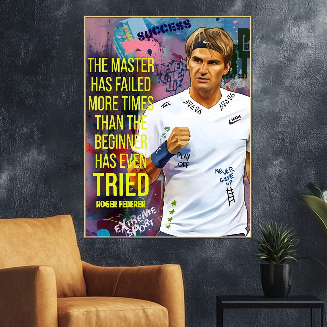 Roger Federer Never Give Up Pop Art Cotton Canvas Wall Painting