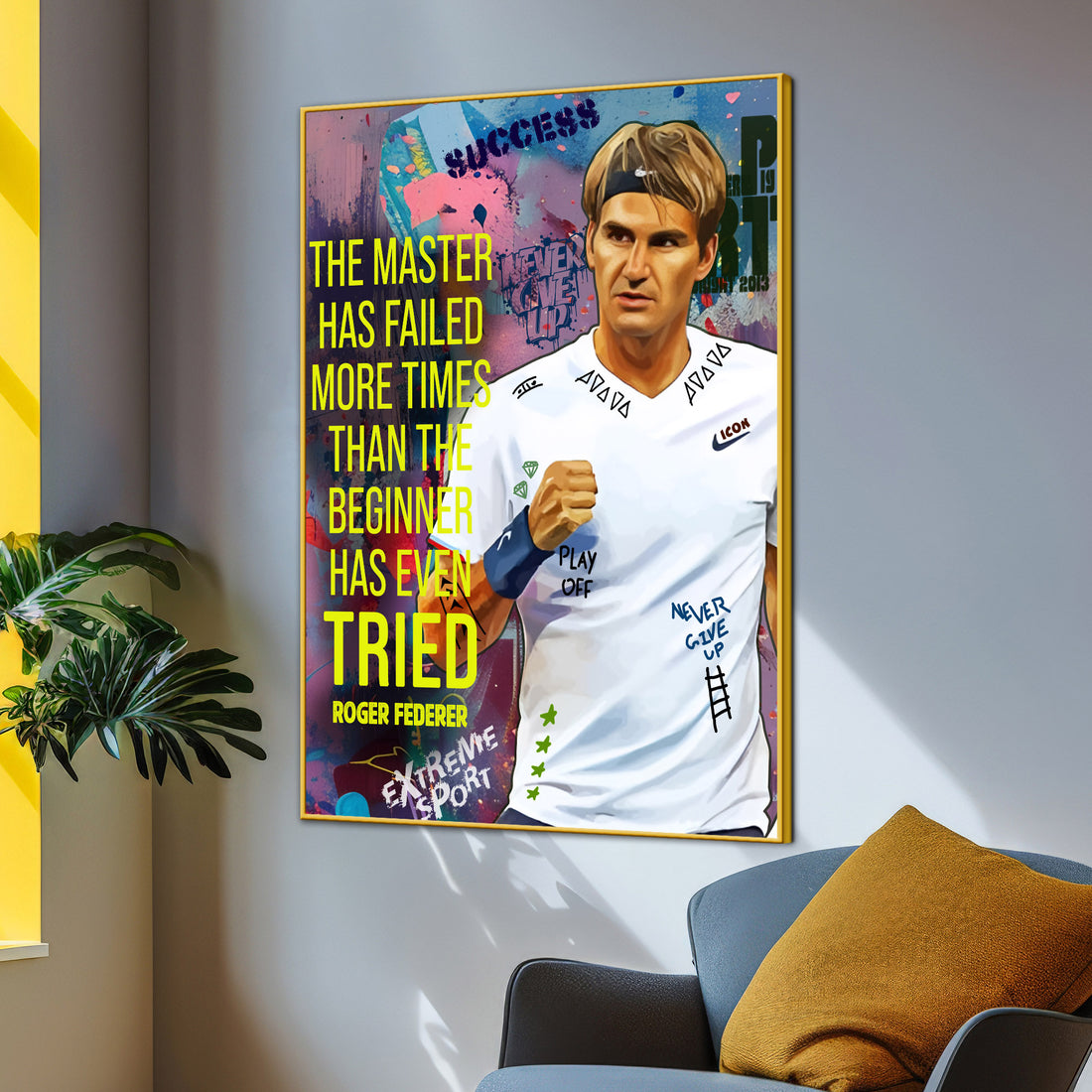 Roger Federer Never Give Up Pop Art Cotton Canvas Wall Painting