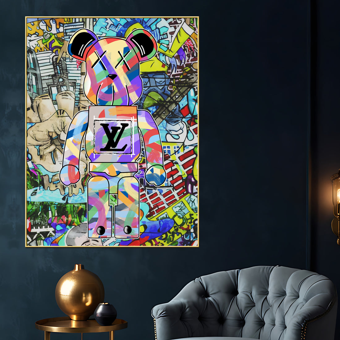 Street Colorful Graffiti Fashion Violent Teddy Bear Cotton Canvas Wall Painting
